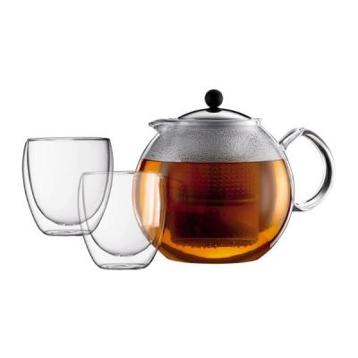 Bodum Assam Set | Teapot 1.5L With Stainless Steel Filter + 2 Double Wall Glass