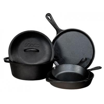 Lodge 5 pcs Cast Iron Set | Griddle + Skillet + Dutch Oven + Cover | Made in USA