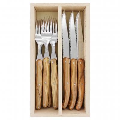 André Verdier Laguiole Debutant Olive Wood Steak Set with Tray | 12 Piece