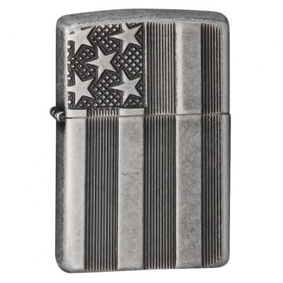 Zippo Stars & Strips-Armor Antique Silver Plate Lighter 