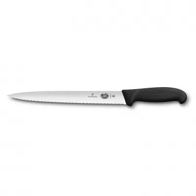 Victorinox Slicing Knife Pointed Tip Wavy Edge Blade Fibrox 25cm | Black