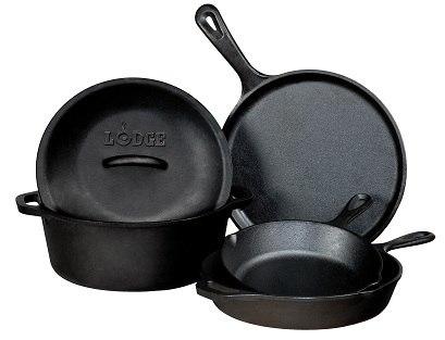 Lodge 5 pcs Cast Iron Set | Griddle + Skillet + Dutch Oven + Cover | Made in USA