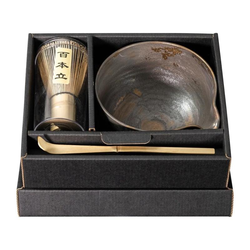 Omotenashi Black & Gold Yukiagari Spout Matcha Bowl with Whisk | Gift Set