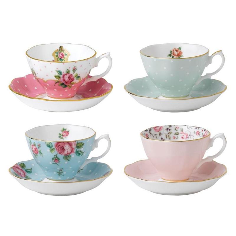 Royal Albert Tea Party Vintage Mix Teacups & Saucers | Set of 4