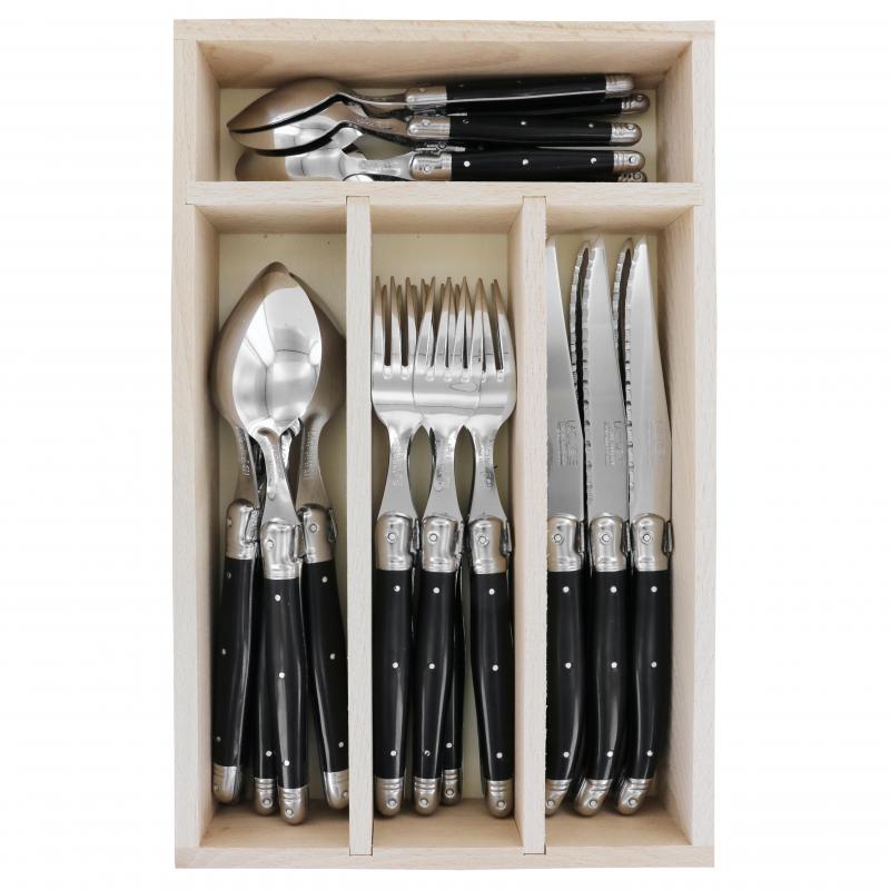 André Verdier Laguiole Debutant Black Cutlery Set with Tray | 24 Piece