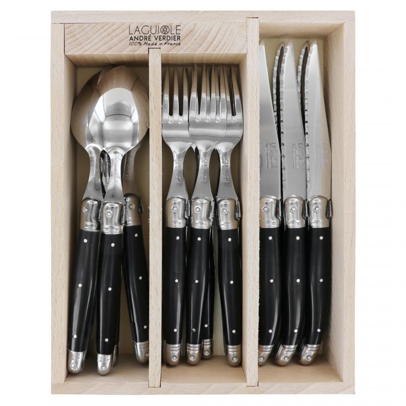 André Verdier Laguiole Debutant Black Cutlery Set with Tray | 18 Piece