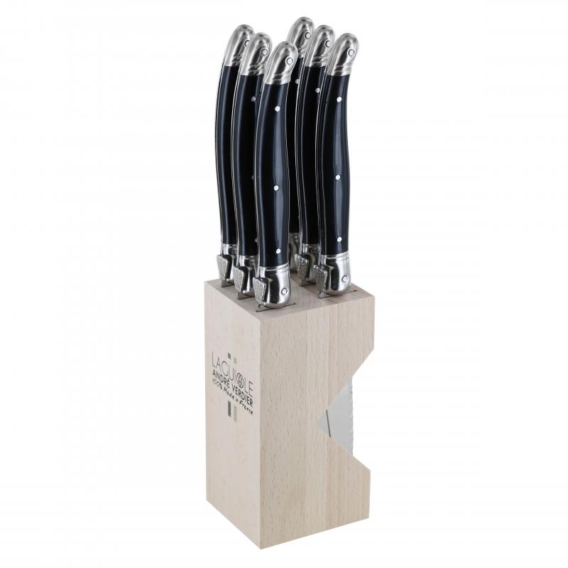 André Verdier Laguiole Debutant Black Steak Knife with Block | 6 Piece