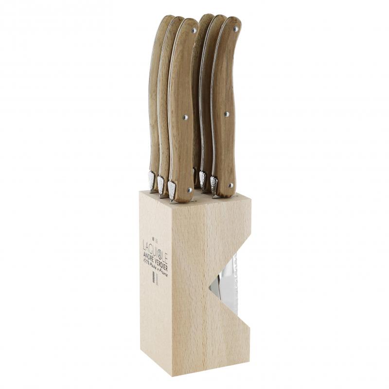 André Verdier Laguiole Debutant Toasted Oak Steak Knife with Block | 6 Piece