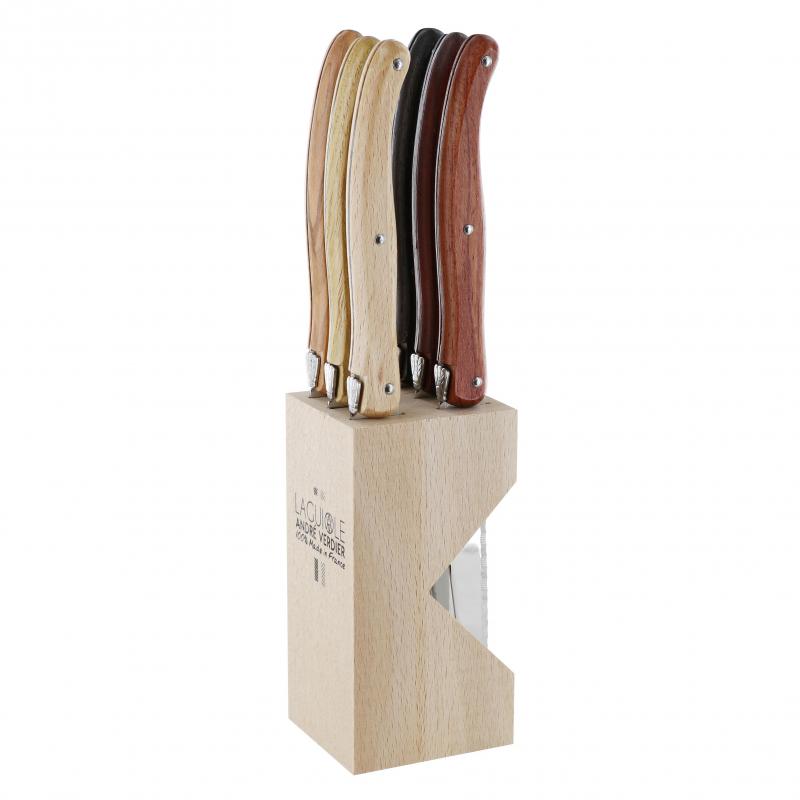André Verdier Laguiole Debutant Assorted Wood Steak Knife with Block | 6 Piece