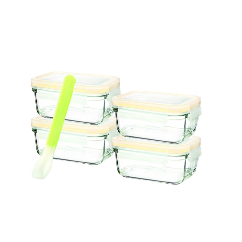 GLASSLOCK 5 Piece Rectangle Baby Set with Silicone Spoon |150ml