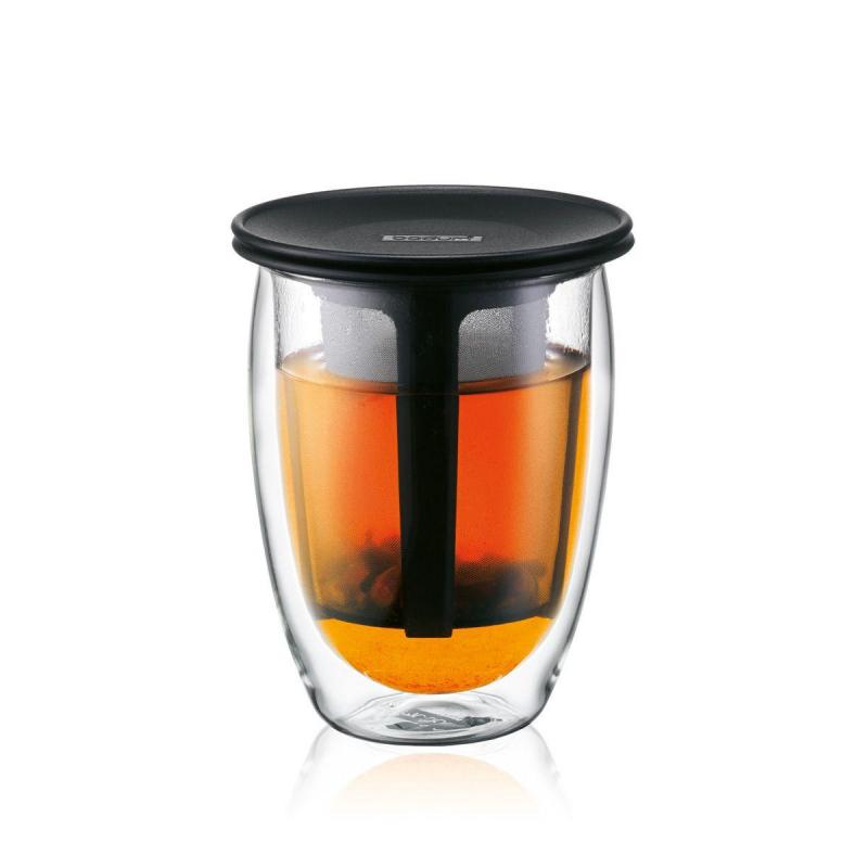 Bodum Tea For One Double Wall Glass and Tea Strainer Black | 350ml