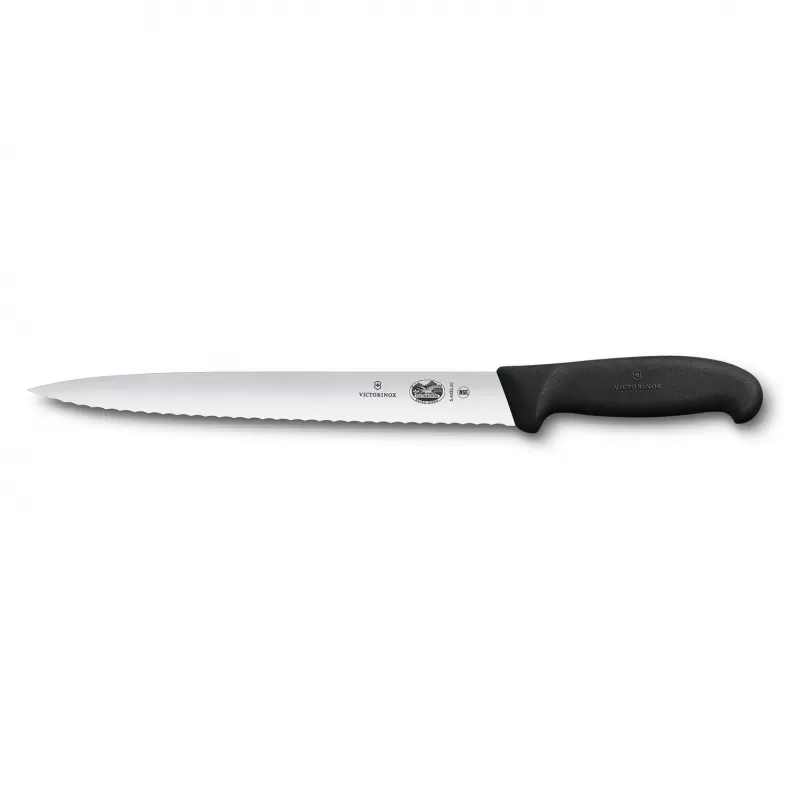 Victorinox Slicing Knife Pointed Tip Wavy Edge Blade Fibrox 25cm | Black