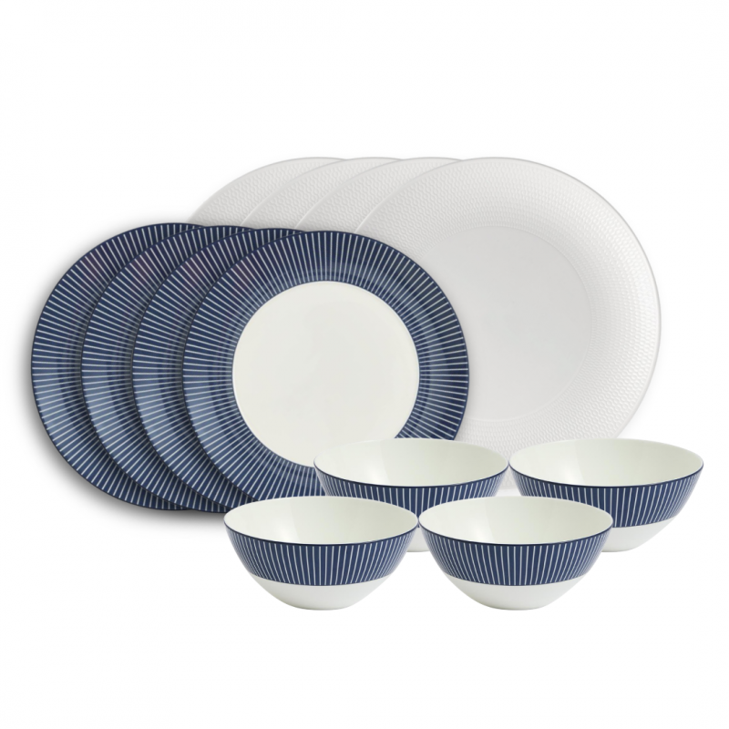 Wedgwood Gio White & Pinstripe Blue Dinner Set | 12 Piece